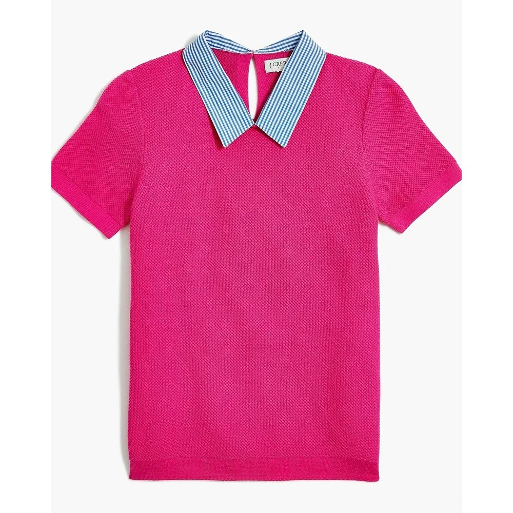 J.Crew Sweater Top Women Small Pink Striped Collar AW366 Short Sleeve Preppy